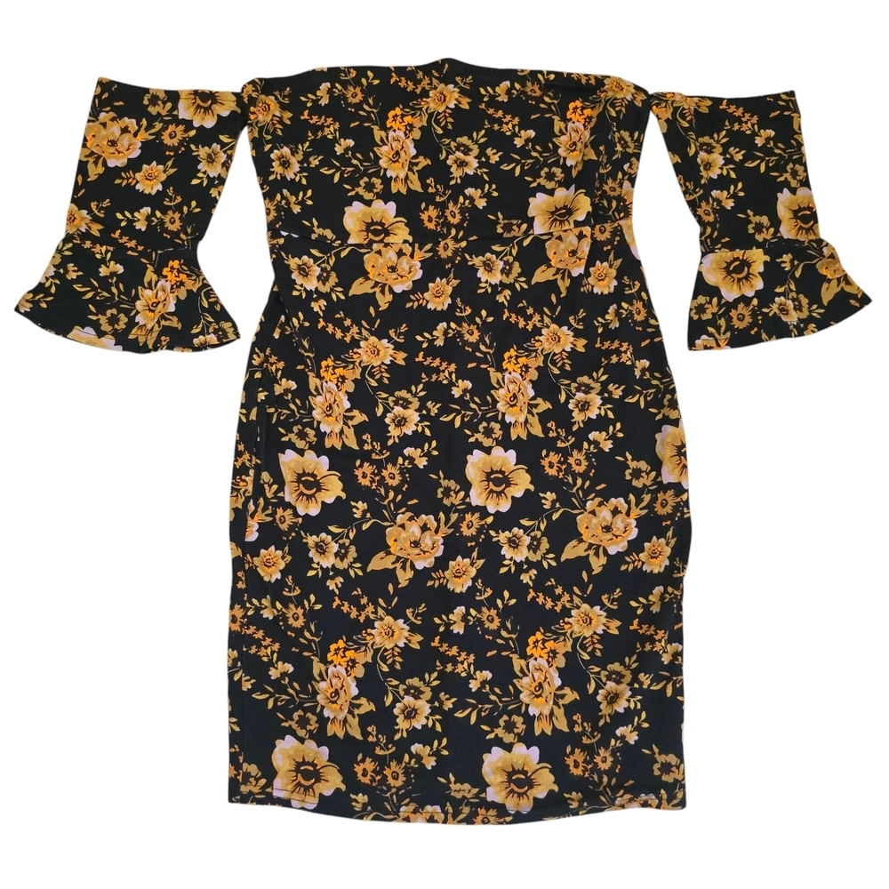 Lascana Mini Bodycon Dress Floral Black Orange Off the Shoulder Womens Size 6